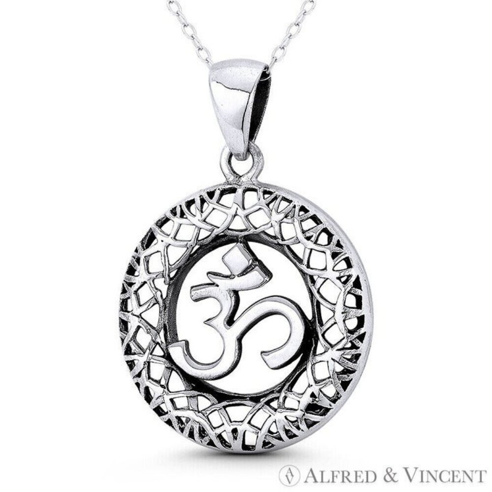 Om Aum Symbol Hindu / Buddhist Charm Pendant in Oxidized .925 Sterling Silver